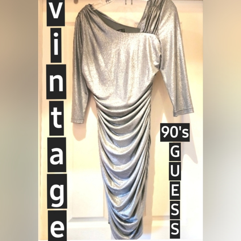 90s GUESS LA Silver Platinum Sparkle Slinky Wiggle Ruched 3/4 Party Date Dress